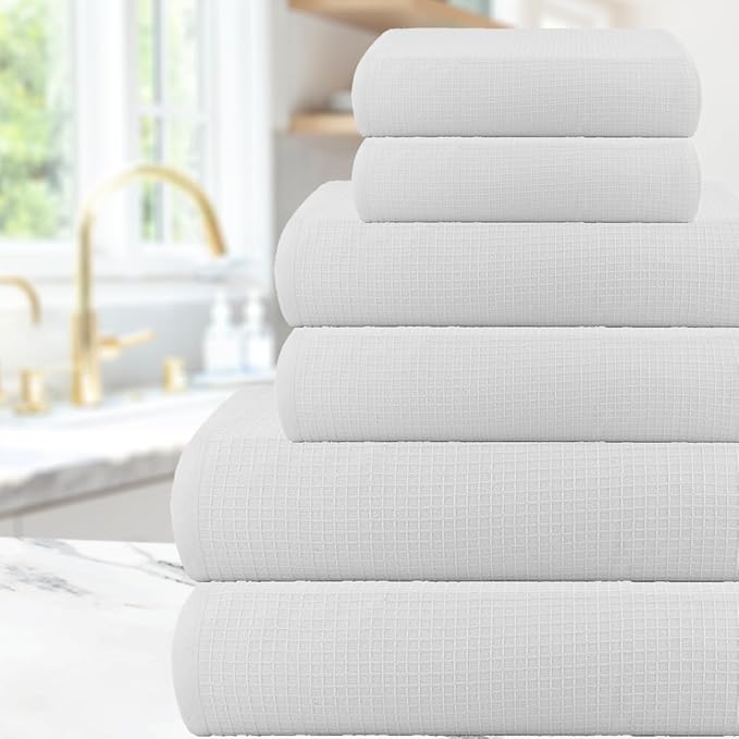 CASA COPENHAGEN Waffle 6Pcs 100% Egyptian Cotton Large Designer Towels Gift Set- Chalk White, 2Bath 2Hand 2Washcloths, Bath Towels for Bathroom (Box Pack, Gift Set for Women & Men)