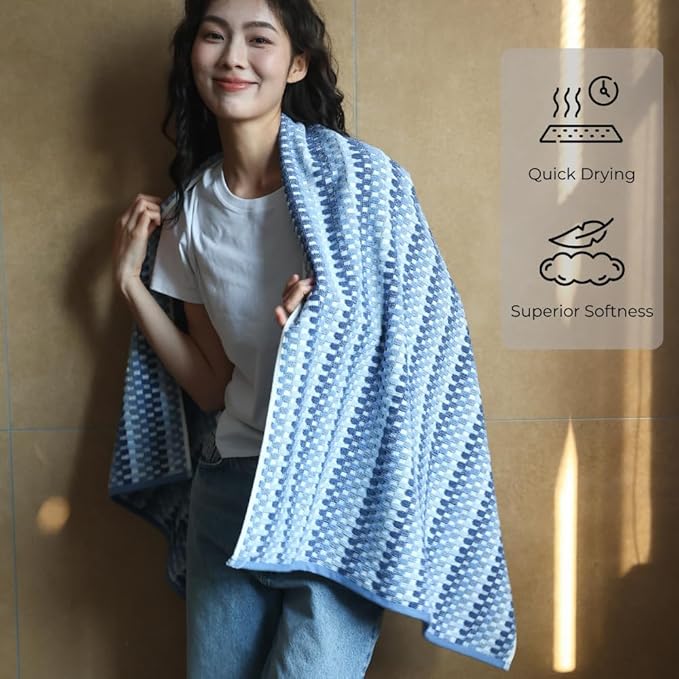 Premium Luxury Waffle Weave Cotton Towel Set - 160g Hand Towel & 650g Oversized Bath Towel (30"x60") - Ultra Absorbent, Quick-Dry, Soft Textured Jacquard (Sea Salt Blue)