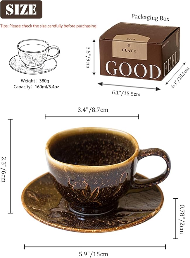 Ceramic Coffee Cup and Saucer Set 5.4oz (160ml), Brown Speckled Glaze Espresso Cup with Plate, Small Cappuccino Cup for Home, Café, Office