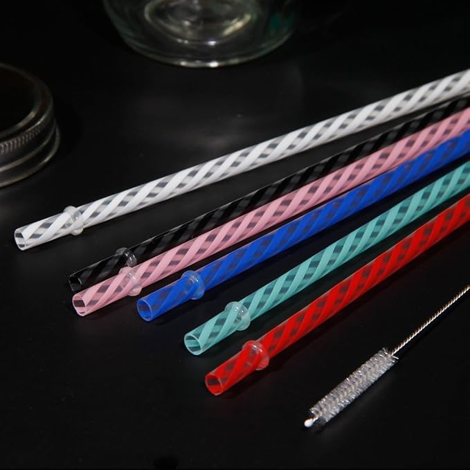 Dakoufish 12 Piece 9 Inch Reusable Plastic Thick Drinking Straws BPA Free Mason Jar Straws transparent small Stripe 6 Colors (9inch White)