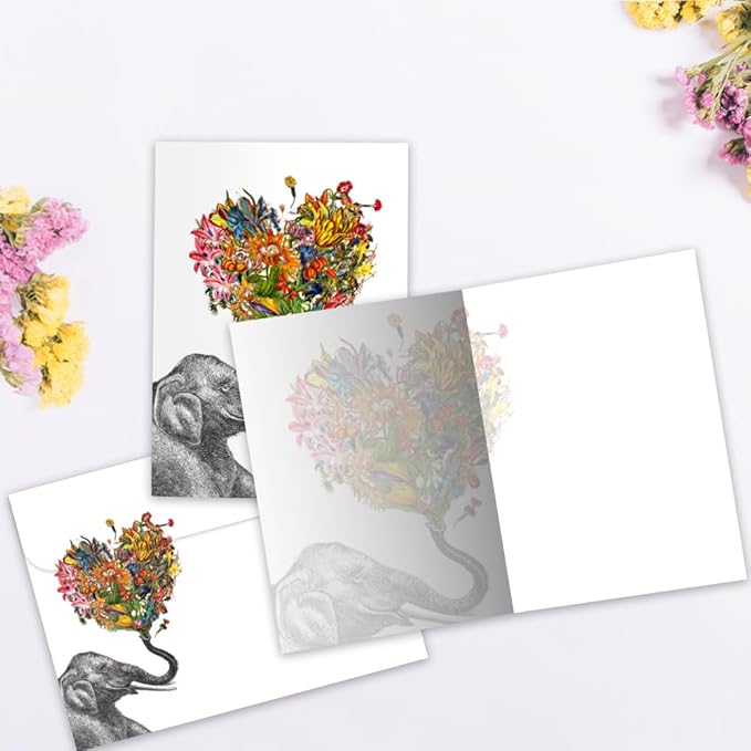 Tree-Free Greetings 16 Pack Card Assortment & Matching Envelopes,5”x7”,Made in USA,100% Recycled Paper,Vibrant Elephant & Giraffe Variety (GP54069)