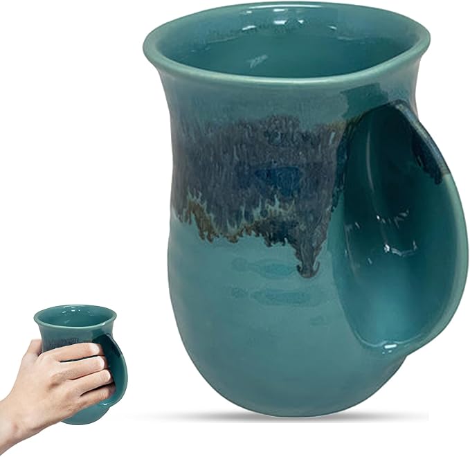 Clay in Motion Hand Warmer Coffee Mug – Handmade Coffee Mug With Comfortable Handle Contoured Pocket Hand Warming Ceramic Coffee Mug – Proudly Made in USA – Right Handed – 14 Oz - Raging Rapid