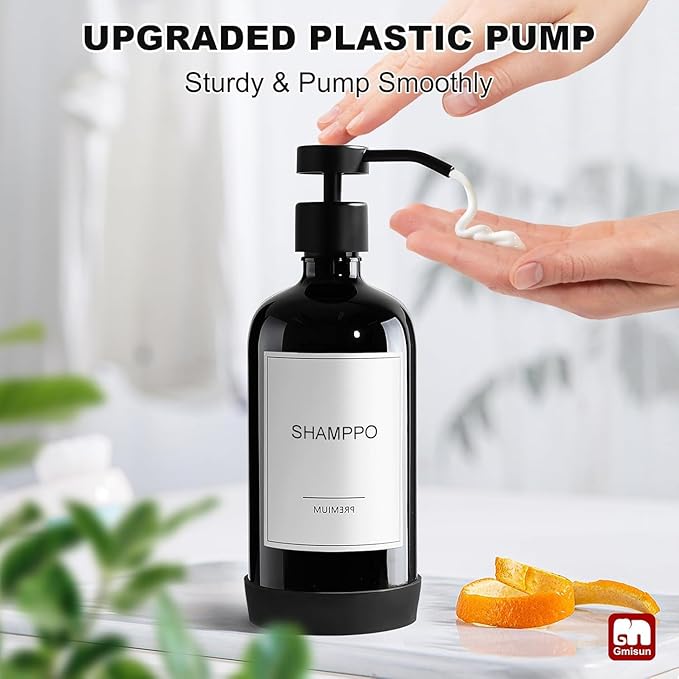 GMISUN Plastic Shampoo and Conditioner Dispenser with Silicone Sleeves, 21 oz Black Shower Soap Dispenser Bottles with Labels, Refillable Shampoo Conditioner Body Wash Dispensers Set of 3