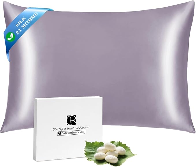 Ravmix Silk Pillow Cases with Zipper, 21momme Mulberry Silk Pillowcase for Hair Skin Health, Soft Smooth Breathable Cool Pillow Cover for Beauty Sleep with Gift Box 1PC(Queen 20"x30", Lilac)