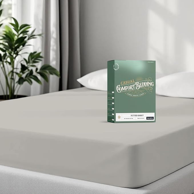 TEXAS LINEN CO. 100% Organic Cotton Percale Weave Fitted Sheet King Size, Light Grey, 1 Deep Pocket King Fitted Sheet, Fits Mattress Upto 16" Crisp and Cool Bed Linen, Luxury GOTS Certified Sheets