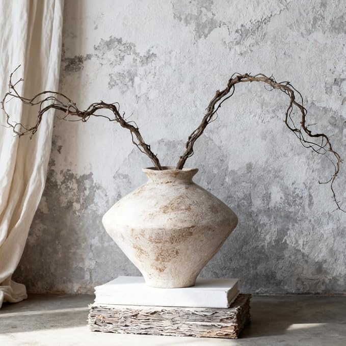 Wabi Sabi Vase 11.5" Whitewashed Distressed Ceramic Vase with Brown Speckles, Wide Mouth Rustic Vintage Vases for Table Centerpieces, Farmhouse Home Decor for Living Room Entryway Shelf