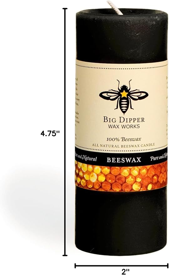 Big Dipper Wax Works Black Pillar Candle, 40-Hour Long Burn, Pure Beeswax Candle, 2" x 4.75”