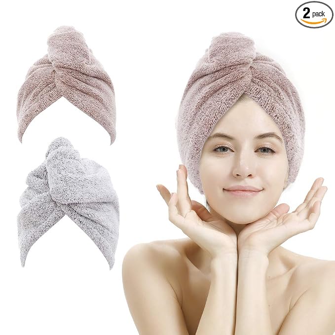 M-bestl 2 Pack Hair Towel Wrap,Rapid Carbon Fiber Hair Drying Towel with Buttons, Microfiber Hair Towel for Drying Curly Hair,Anti-frizz (Star Gray&Star Pink)