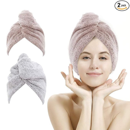 M-bestl 2 Pack Hair Towel Wrap,Rapid Carbon Fiber Hair Drying Towel with Buttons, Microfiber Hair Towel for Drying Curly Hair,Anti-frizz (Star Gray&Star Pink)
