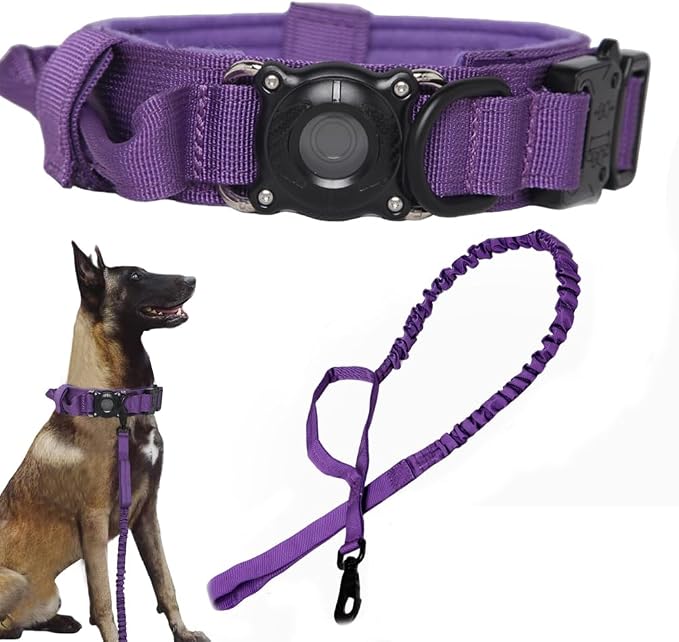 Tactical Dog Collar and Leash Set with Airtag Holder Waterproof Dog Airtag Collar with Handle Adjustable Heavy Duty Dog Collar Leash Set(DeepPurple，M