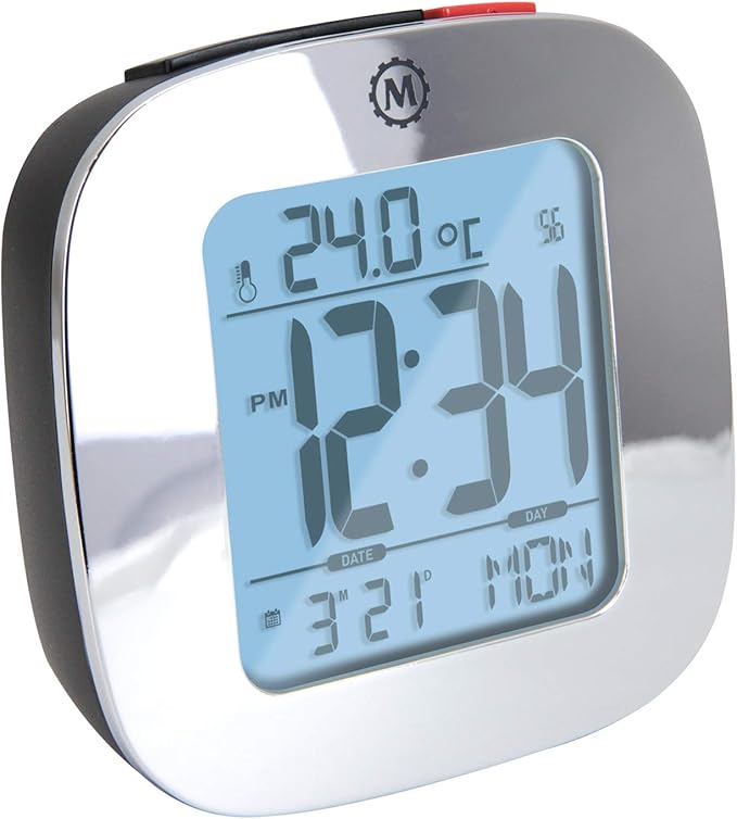 MARATHON Compact Alarm Clock with Temperature & Date, Silver - Large, Easy to Read Display with Backlight - Easy to Set Up & Use - Two AAA Batteries Included