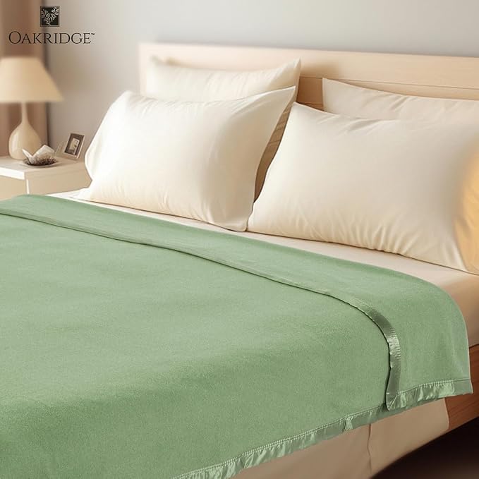 OakRidge Heirloom Merino Wool Blanket – 100% Australian Wool with Vintage Satin Edges – Breathable, Odor-Resistant, All-Season Bedding in Full Queen Size – Sage Cozy Throw for Home or Travel