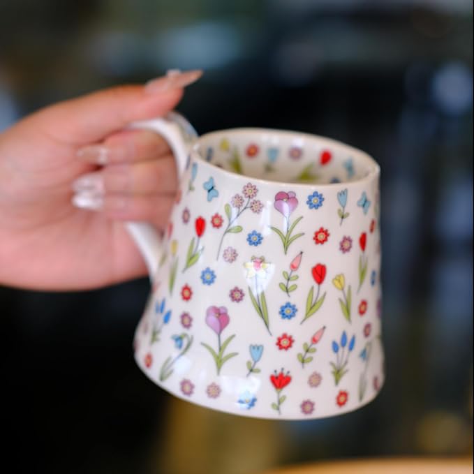 Coffee Mug Espresso Cup Ceramic Flower Porcelain Handmade Cup with Floral Design-White