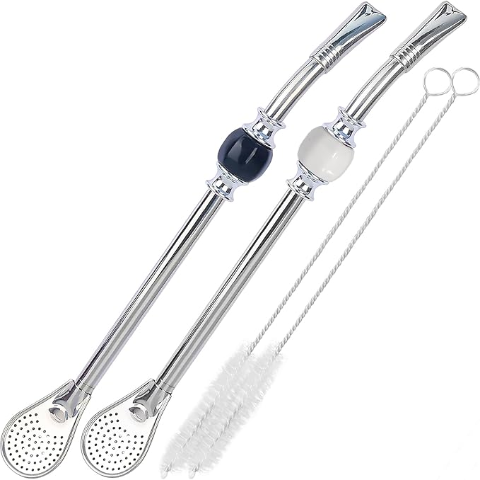 Premium Yerba Mate Straws - Reusable Stainless Steel Bombilla Straw with Colorful Beads - Set with Removable Head Filter (Black & White)