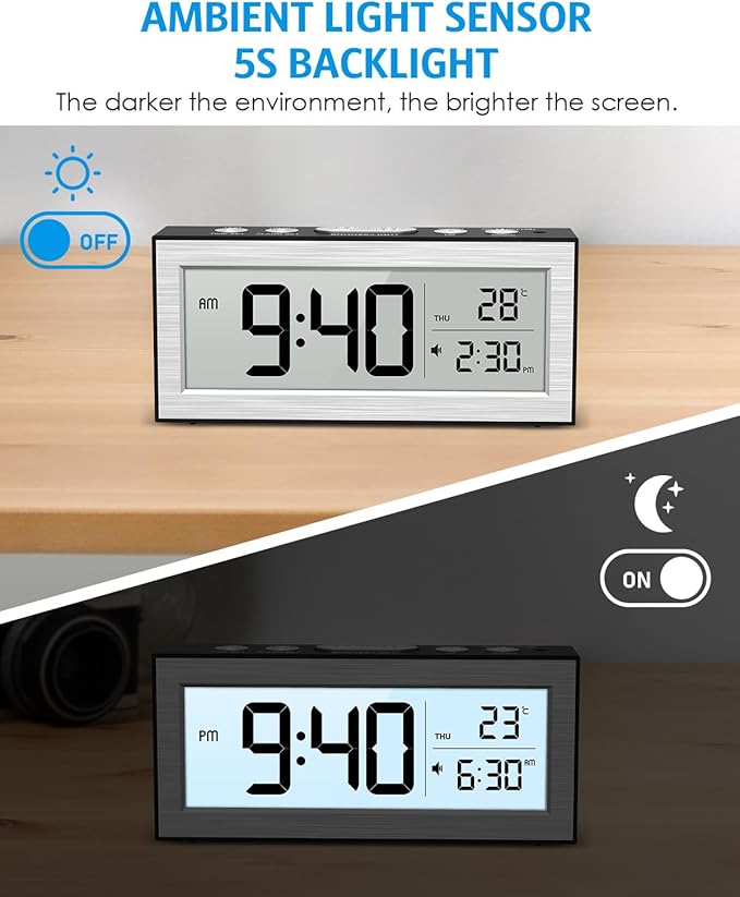 AMIR Small Digital Alarm Clock, Digital Clock Battery Operated with Temperature Date, Backlight LCD Screen, Desk Clock for Bedroom,Office,Travel (Batteries Included)