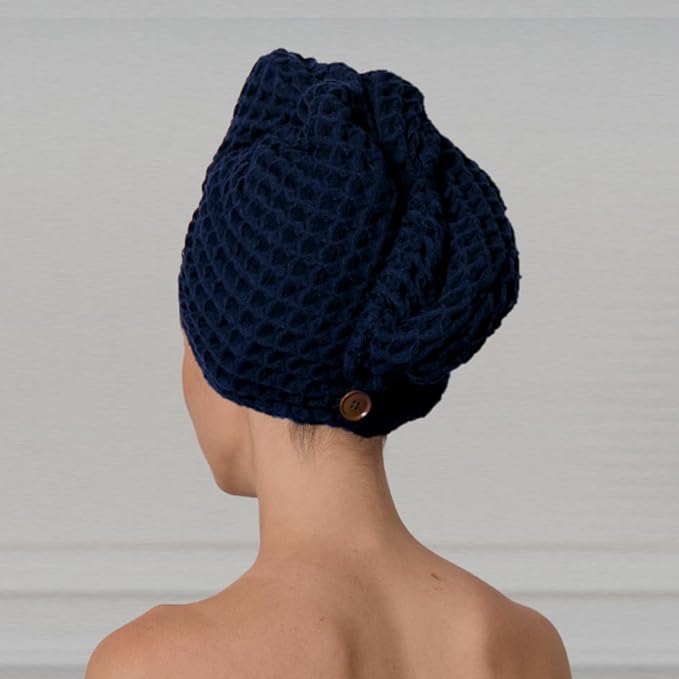 Luxury Organic Japanese Cotton Hair Drying Waffle Towel Wrap for Women | Absorbent, Quick-Dry Head Turban for Shower, Sauna, Spa | Extra Large for Long, Curly, Straight Hair With Button (Blue, 2 Pc)