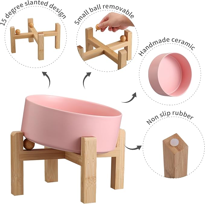 Pink Elevated/Raised 15°Tilted Anti Slip Ceramic Dog Bowl for Medium & Large Breeds,Slanted Bulldog Big Face Pet Feeding Food Water Dish Stand for Dogs (7.6 Cups/60OZ)