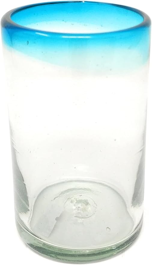Dos Sueños Hand Blown Mexican Drinking Glasses – Set of 6 Glasses with Aqua Rims (14 oz each)