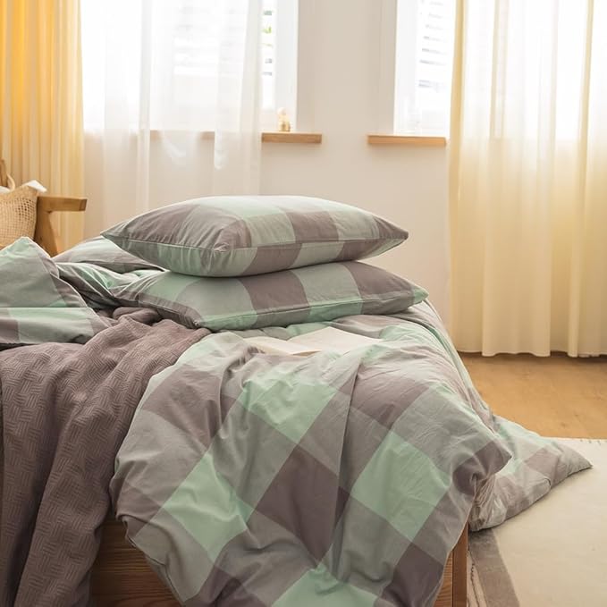 FACE TWO FACE Bedding Duvet Cover Set100% Washed Cotton Duvet Cover Linen Like Textured Breathable Durable Soft Comfy (King, Light Green Grid)