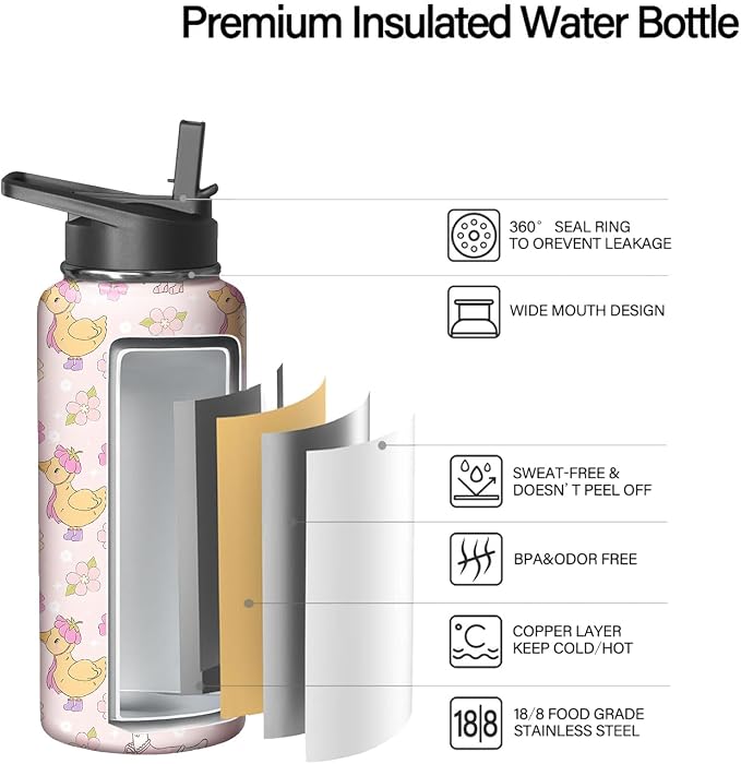 18oz Pink Duck Water Bottle with Handle and Flip Straw, Animal Sports Stainless Steel Insulated Cup Travel Coffee Mug Tumbler, Birthday Mothers Day Chritmas Gifts for Women
