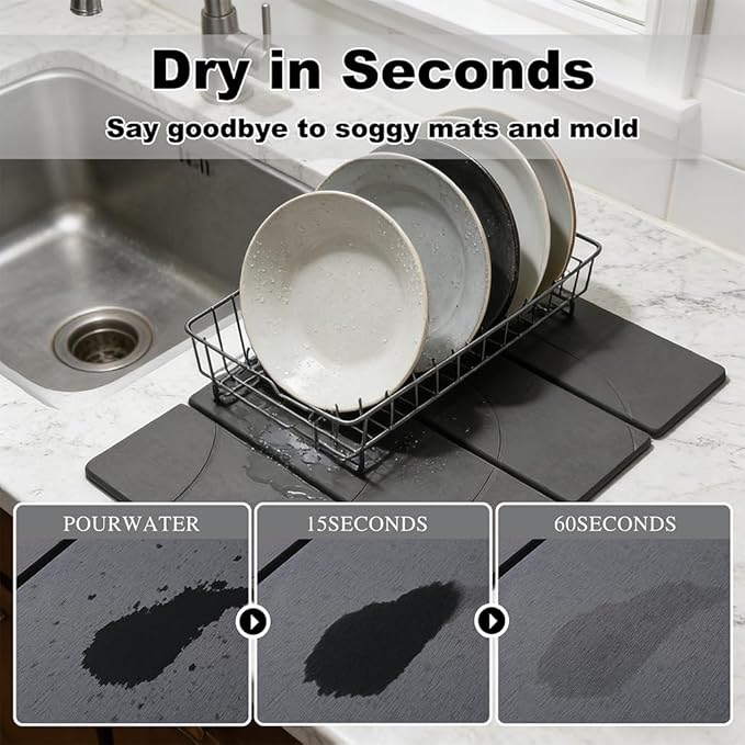23.6"×15.7" Diatomaceous Earth Stone Dish Drying Mat, Foldable Super Absorbent Quick Dry Non-Slip Eco-Friendly Pad for Kitchen Counter, Dishes, Cups, Bottles & Utensils, Dark Gray
