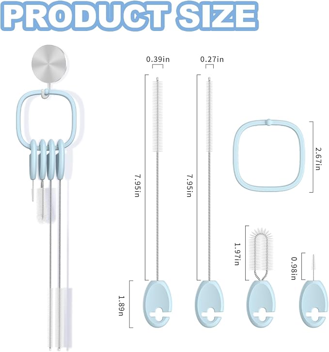 YOTIME 4in1 Straw Cleaner Brush Set, Reusable Standing Straw Brushs with Holder Ring, for Wide and Narrow Straws, Tumblers, Water Bottles and Cups, Blue