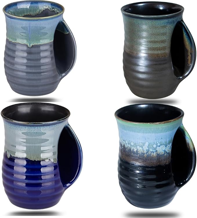 Hand Warmer Mugs Set of 4,16 Ounce Large Hand Warming Mugs Ceramic Gift for Christmas with Contoured Pocket, Keep Your Fingers Warmth(Grey Green Purple Blue)