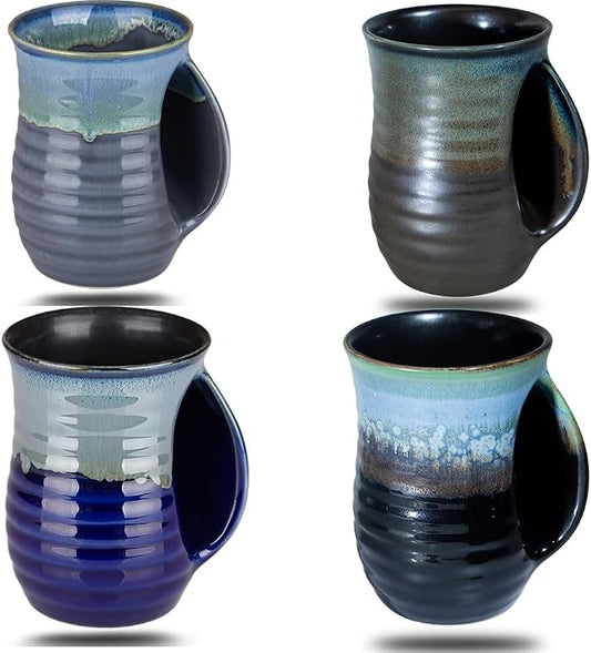 Hand Warmer Mugs Set of 4,16 Ounce Large Hand Warming Mugs Ceramic Gift for Christmas with Contoured Pocket, Keep Your Fingers Warmth(Grey Green Purple Blue)