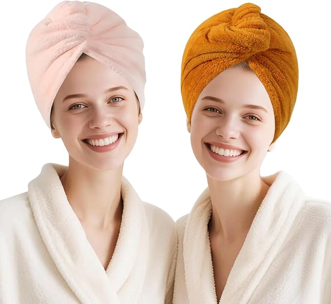 Microfiber Hair Drying Towel Wrap for Women, Hair Turbans Towel for Wet Hair,turbie Twist Hair Towels(The Color of the Picture is for Reference only) (Light Pink,Apricot Yellow)