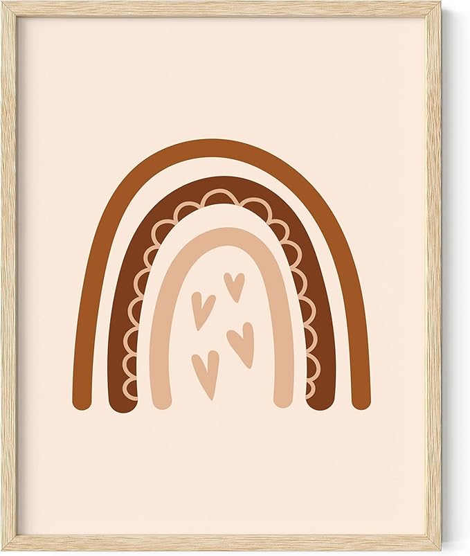 Boho Nursery Rainbow Wall Art with Hearts Earth Tones Terracotta Brown Scandi Minimalist Style 11x14 Inch Oak Wood Beige Framed Playroom Decor Print for Kids Room