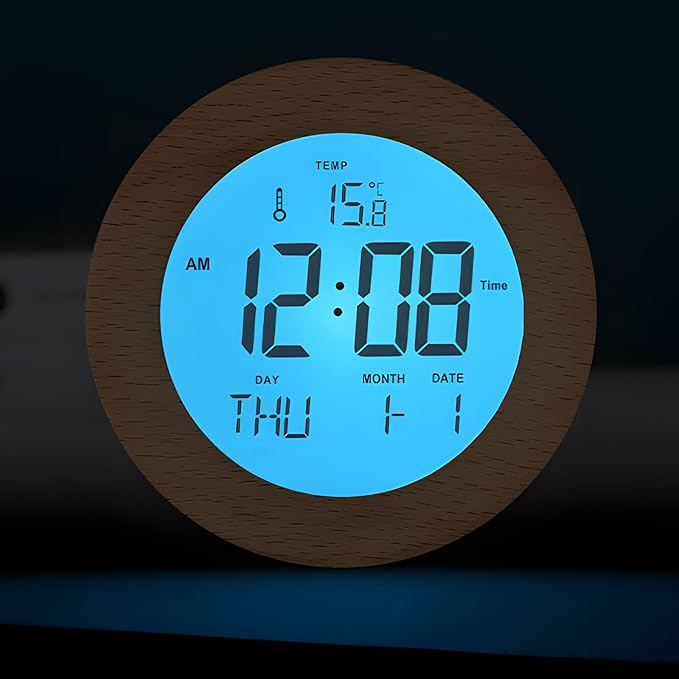 JoFomp Wooden Alarm Clock for Bedroom, 4'' LCD Nightlight Small Digital Clock Battery Operated, Loud Alarm Clock for Heavy Sleepers, Alarm Bedside Clock with Temp/Snooze/Date/Week/Countdown - 12/24H