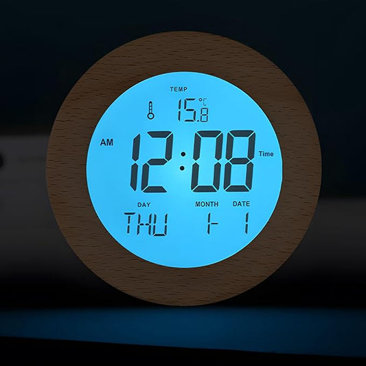 JoFomp Wooden Alarm Clock for Bedroom, 4'' LCD Nightlight Small Digital Clock Battery Operated, Loud Alarm Clock for Heavy Sleepers, Alarm Bedside Clock with Temp/Snooze/Date/Week/Countdown - 12/24H