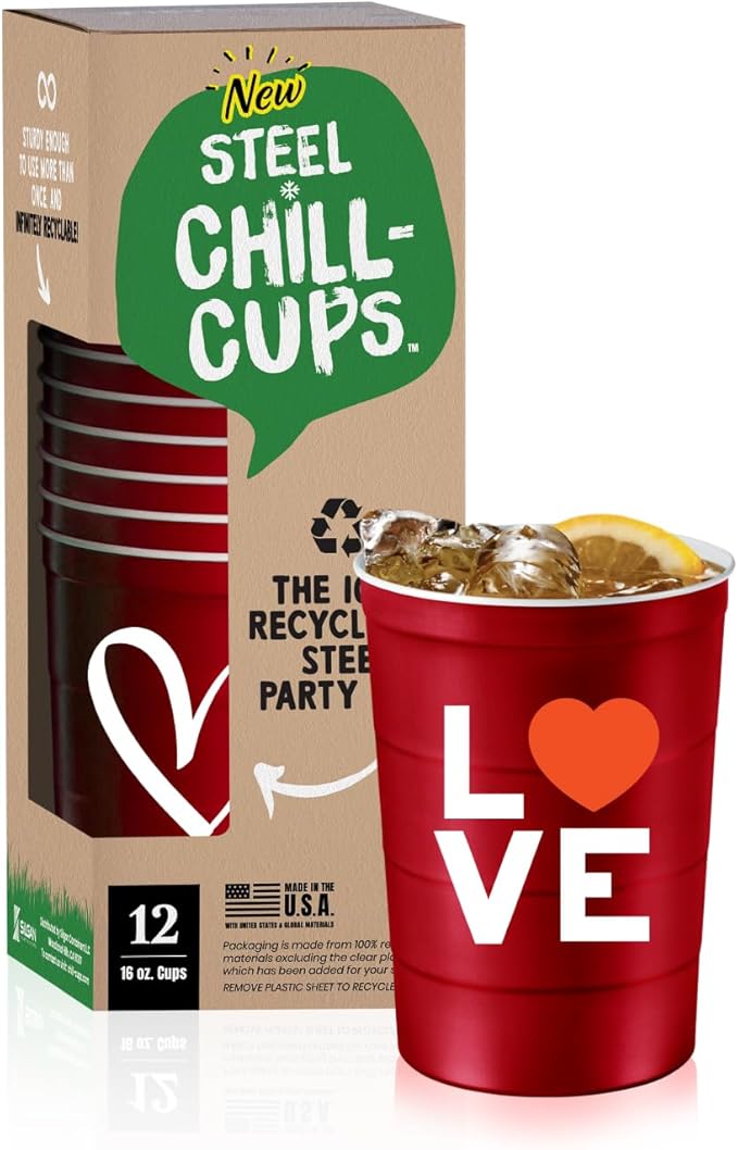 Steel Chill Cups 16 oz. Party Cup Love Heart Design for Cold Drinks, Durable, Disposable, Recyclable, Made in USA, Red, 12 Count