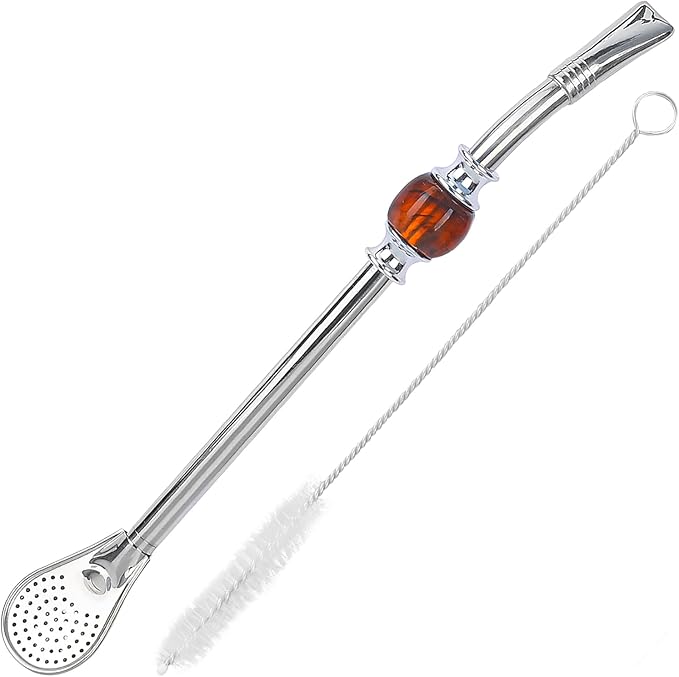 Premium Yerba Mate straws, Reusable stainless steel Bombilla Mate straw, with colorful beads - Bombilla for Mate gourd drinking and Bombilla set accessories, with removable head filter (Brown)
