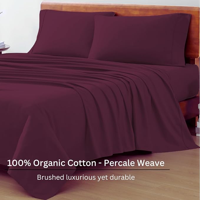 LANE LINEN California King Sheets 100% Organic Cotton 4pc - Windsor Wine | Cal King Sheets In Organic Cotton Percale - Cool All Summer, Cozy All Winter, Crisp Hotel-Style Feel, Great For Gifting