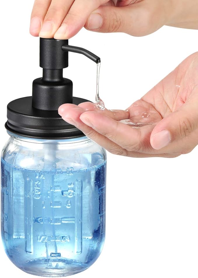 Amolliar Mason Jar Liquid Soap Dispenser, 16OZ Refillable Glass Soap Dispenser for Bathroom, Hand Soap, Dish Soap, Lotion Dispenser for Kitchen, Farmhouse Decor, Soap Pump Bottle, Black 2 Pack