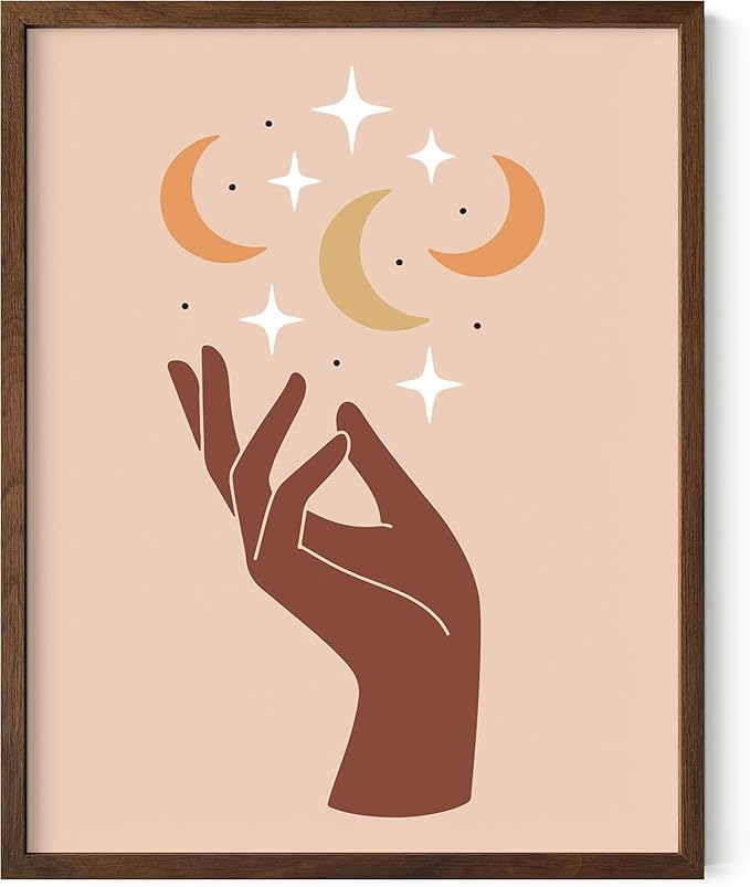Mystical Hand Wall Art Celestial Moon and Stars Print Earth Tones Terracotta Mid Century Modern 11x14 Inch Oak Wood Walnut Framed Spiritual Decor for Bedroom