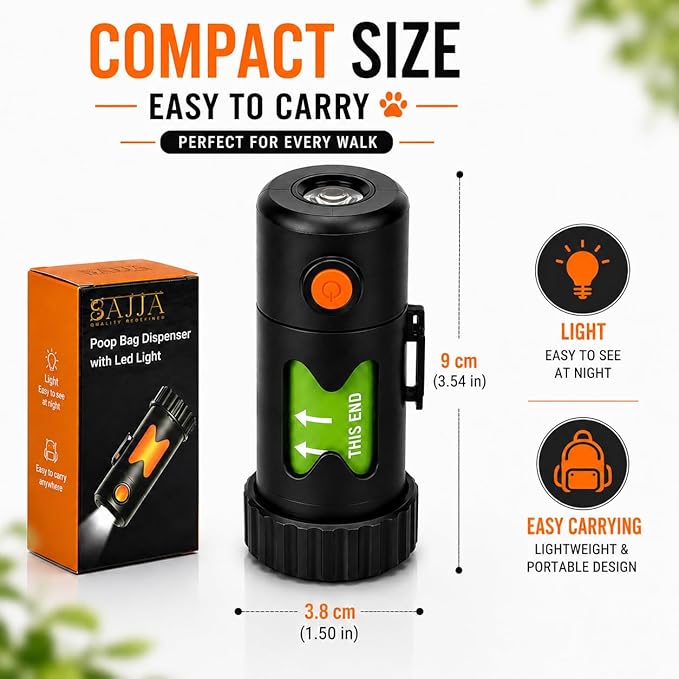 Dog Poop Bag Holder with Rechargeable LED Flashlight – Quick-Silicone Finger Grip Bag Opener, Hands-Free Dispenser with Silicone & Velcro Straps & Hand Strap – Fits Any Leash for Easy Dog Walking