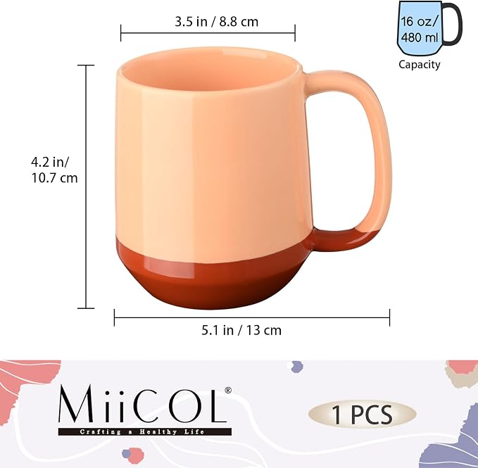 Miicol Ceramic Coffee Mug, 16 oz Large Coffee Cup, Tea Mug with Handle, Flat Bottom Mug for Men, Women, Office, Microwave and Dishwasher Safe, Multi-Color, Caramel Peach