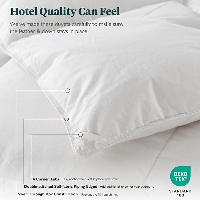 Feathers & Down Comforter, Organic Duvet Insert, 100% Cotton Shell, Ethically-sourced Feathers and Down Filler, All Season Warm, Oversized King Size, White