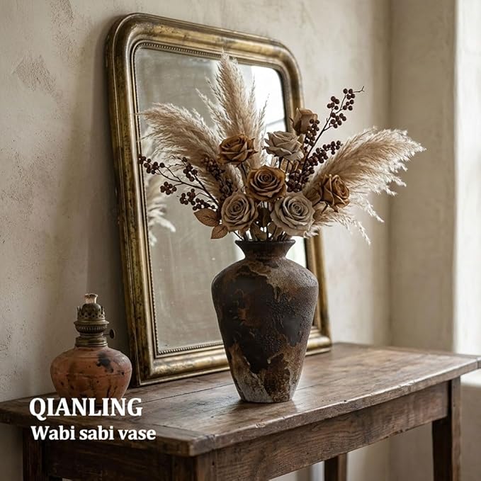 Wabi Sabi Decor Rusty Vintage Vase - 8.7" Tall Rustic Farmhouse Wabi Sabi Vase for Centerpiece, Pottery Stone Flower Vases for Home Decor, Table, Living Room, Bedroom, Bathroom, Kitchen (Smoky Earth)