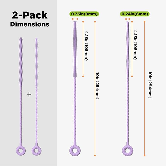 Silicone Straw Cleaner Brush, 2 Pcs Reusable Cleaning Brushes for Straws, 6mm&9mm, Purple