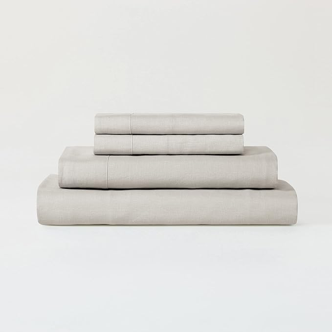 Sijo Stone Washed Organic French Linen Bed Sheet Set, GOTS Certified Organic, Best Cooling Linen Sheet Award by Sleep Foundation, 3 Piece - 2 Pillowcases and 1 Fitted Sheet (Fog, Cal King)