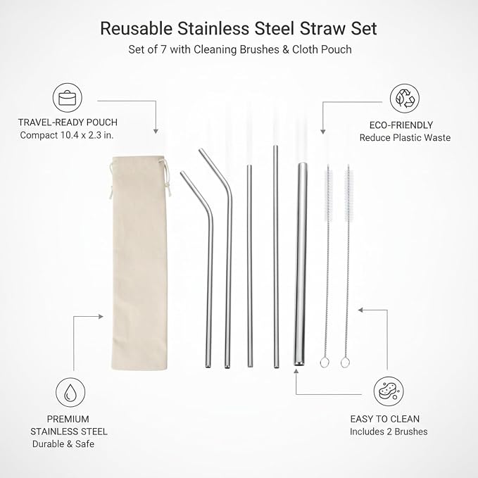 Reusable Stainless Steel Straw Set with Cleaning Brushes & Travel Pouch - 7 Piece Eco-Friendly Kit
