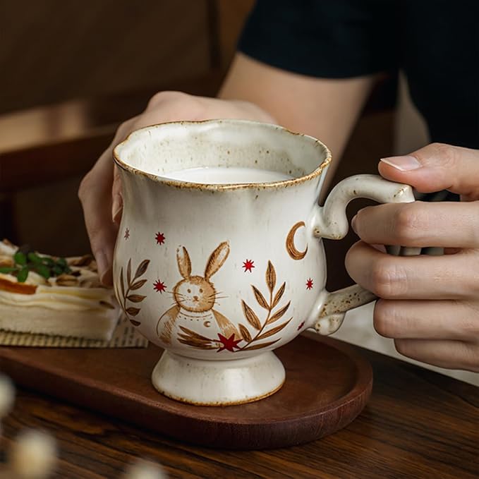 10 oz Footed Ceramic Mug, White & Brown Glazed Coffee Cup, Rustic Decorative Tea Cup with Bunny & Star Pattern for Home Office, Dishwasher & Microwave Safe