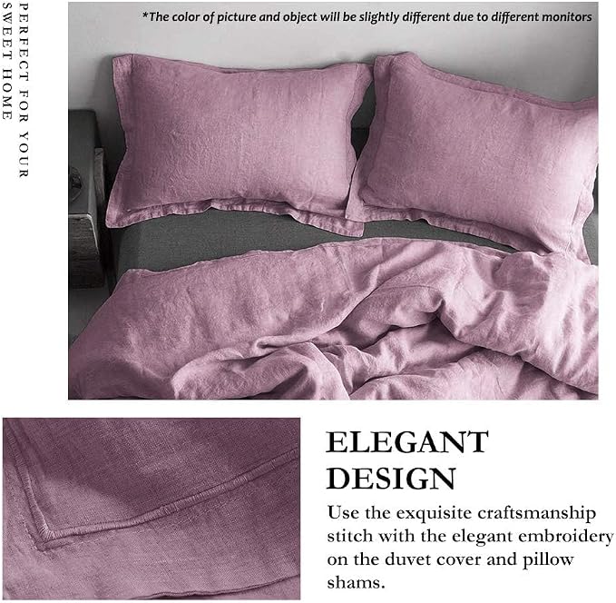 Simple&Opulence 100% French Flax Linen Duvet Cover Set with Embroidery Washed - 3 Pieces (1 Duvet Cover with 2 Pillow Shams) with Button Closure Soft Breathable Farmhouse - Purple, King Size