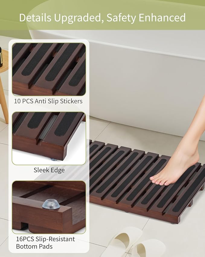 Bamboo Bath Mat, Bamboo Shower Mat for Bathroom, Non-Slip Bathroom Mat with Anti-Slip Stickers, Easy Clean Wooden Bath Floor Mat for Indoor Outdoor （ Brown, 21×13×1.57Inches）