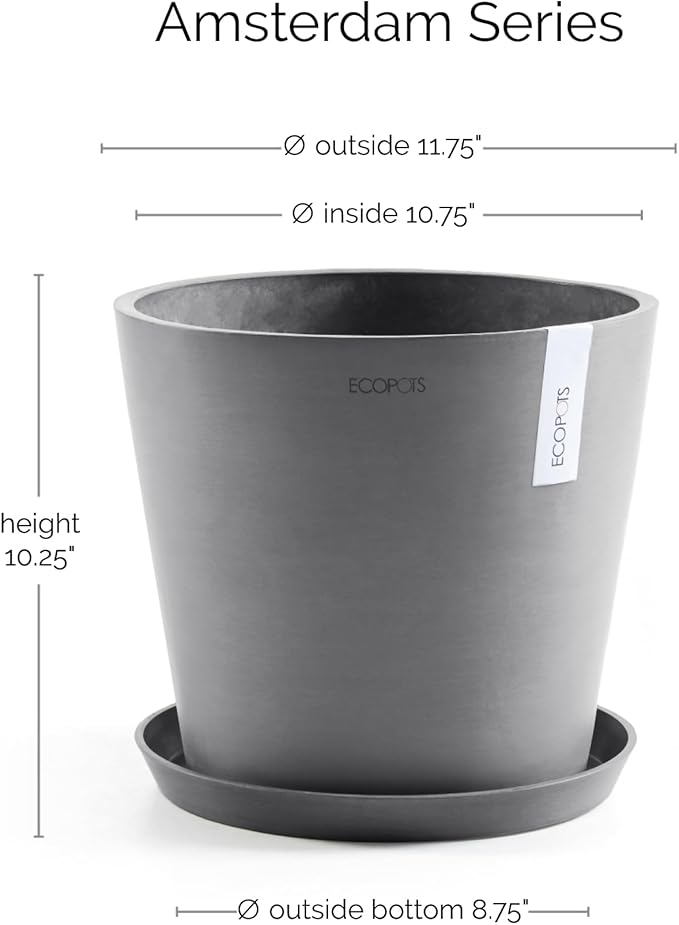 Ecopots Amsterdam Durable Modern Round Indoor/Outdoor Recycled-Based Composite Flower Pot Planter w/Water Reservoir, Grey, 12"