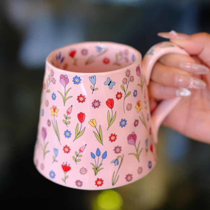 Coffee Mug Espresso Cup Ceramic Flower Porcelain Handmade Cup with Floral Design-Pink