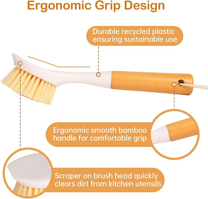 3 Pack Dish Brush Set with Bamboo Handle, Dish Scrubber Built-in Scraper, Kitchen Scrub Brush for Cleaning Cast Iron Cookware, Pans, Pots, Counter & Kitchen Sink (White)